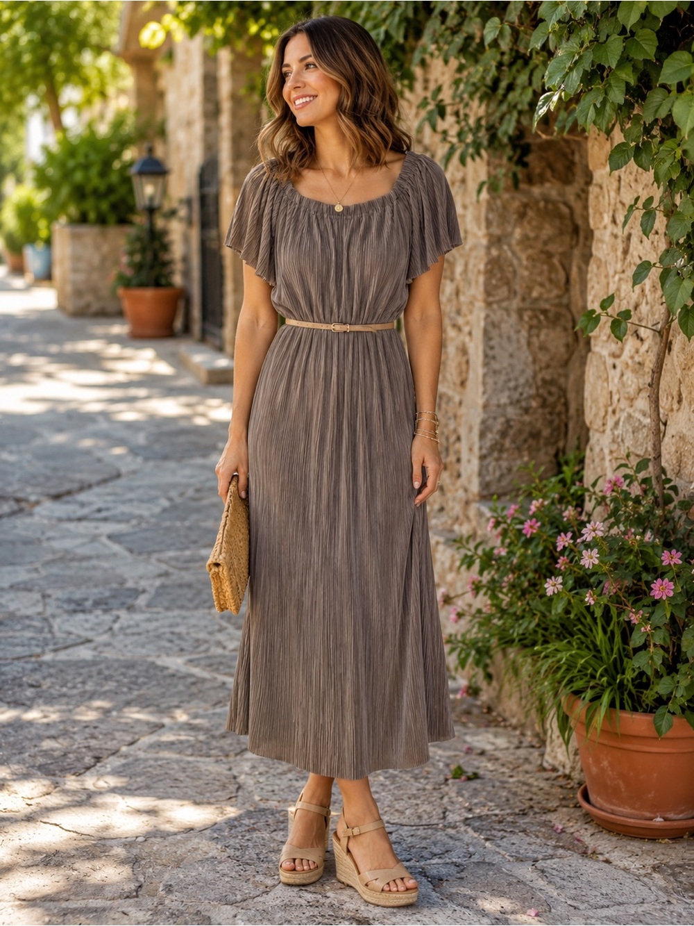Gianni Bini Taupe Pleated Maxi Dress Size Small
